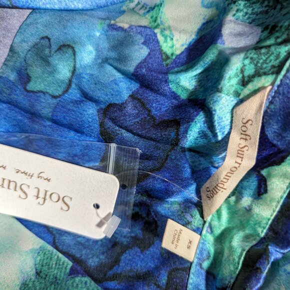NWT 100% Silk Soft Surroundings Button Up Long Sleeve Blouse Blue Green Art XS - Picture 4 of 5